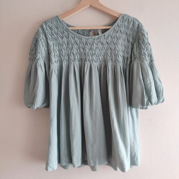 Anthropologie Liza Smocked Puff Sleeve Top L NEW Soft Green Relaxed Linen Blouse - Picture 9 of 9